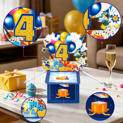 GREETING ART Happy 4th Birthday Pop Up Card,Funny Guitar Ballons Box Themed - color: 4th