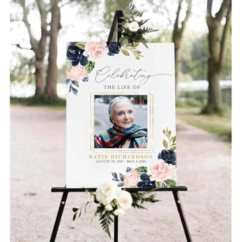 Personalized Floral Navy Pink Funeral Welcome Sign - Celebration of Life Decorations - Large Funeral Sign - Memorial Sign - Funeral Decorations - Memorial Decorations for Celebration of Life Party - color: Multi 9