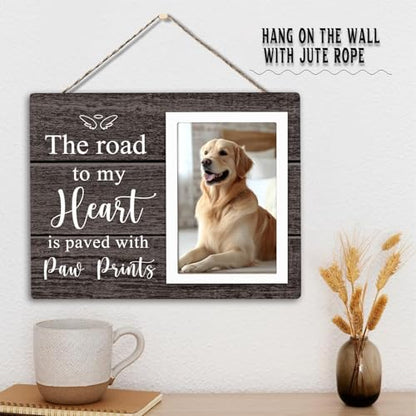 Pet Picture Frame, Pet Wooden Photo Frames Gift, Gifts for Dog Dad Mom, Dog Lovers Gift, Picture Frame for Dogs Cat Pets that Passed, The Road To My Heart Is Paved With Paw Prints, 4x6Inch Photo - color: Dark brown