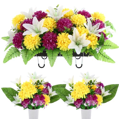 Canlierr 3 Pcs Artificial Cemetery Flower Saddles for Headstone Cemetery Memorial Mums Lilies Flowers with Vase & Grave Headstone Decorations Outdoor Artificial Bouquet for Gravesite(Bright Color) - color: Bright Color