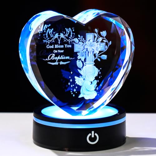 Ornalrist Baptism Gifts for Boys Crystal Heart Christening Keepsake | Glass Religious Christian with LED Base Gifts for Men Teens Baby Boys Teenagers Baptisms and Catholic Home Decor - color: Baptism Gifts for Boy