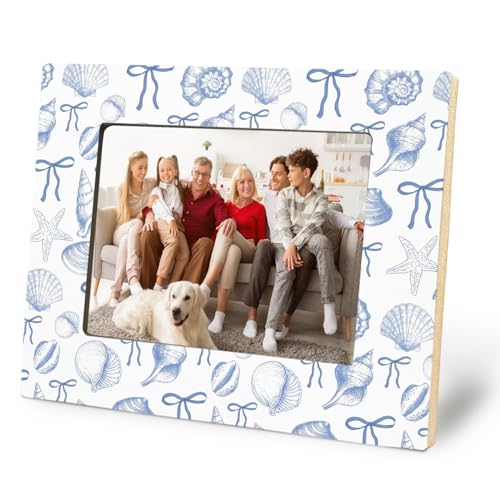 Coquette Blue Bow Coastal Beach Picture Frame 5x7,Preppy Beach Photo Frame,Coastal Seashell Wall and Tabletop Display Picture Photo Frames for Rustic Home Decor,Gifts for Beach Lovers - color: Bow Coastal