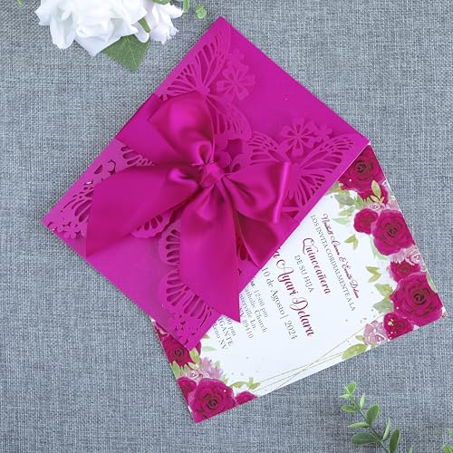 20 PCS Butterfly Quinceanera Invitation, Laser Cut Invitation Cards | 5.12x7.2" Fuchsia Butterfly Quinceanera Invitation with Envelopes for XV Anos Bridal Shower Baby Shower Invite - color: Fuchsia