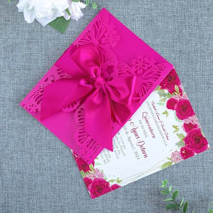 20 PCS Butterfly Quinceanera Invitation, Laser Cut Invitation Cards | 5.12x7.2" Fuchsia Butterfly Quinceanera Invitation with Envelopes for XV Anos Bridal Shower Baby Shower Invite - color: Fuchsia