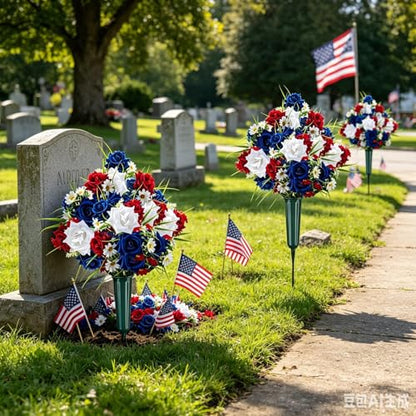 2 Set Artificial Patriotic Flowers Bouquet for Grave 4th of July Memorial Day Veterans Cemetery Decoration with Long Nail Vases Weatherproof Red White Blue Rose Daisy Floral American 250th Anniversary