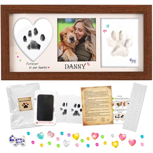 Pet Paw Print Frame Kit with Inkless Pad & Air-Dry Clay, Wooden Memorial Keepsake with Shatterproof Plexiglass for Dogs & Cats - color: brown
