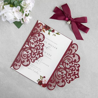 20Pcs Burgundy Laser Cut Wedding Invitation Cards With Envelopes - color: Burgundy