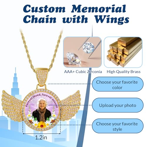 HJX Custom Circle Chain with Wings, Memorial Picture Necklace for Men Womem - color: 2-wing Memorial