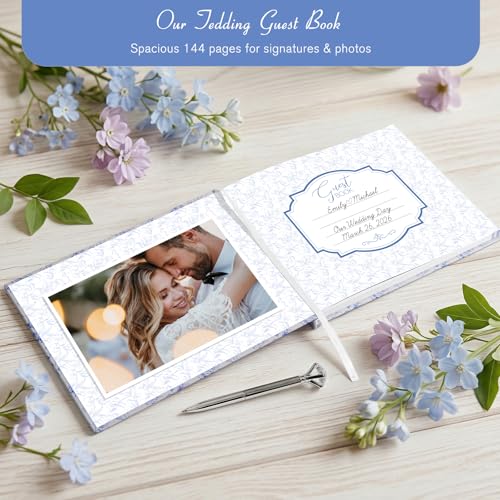 Blue Floral Wedding Guest Book with Pen, Hardcover, 144 Pages, 9x7 inches | Silver Foil Title, Space for Polaroid Photos Messages, Sign In Book for Reception, Bridal Shower Guest Book, Engagement Party - color: Blue