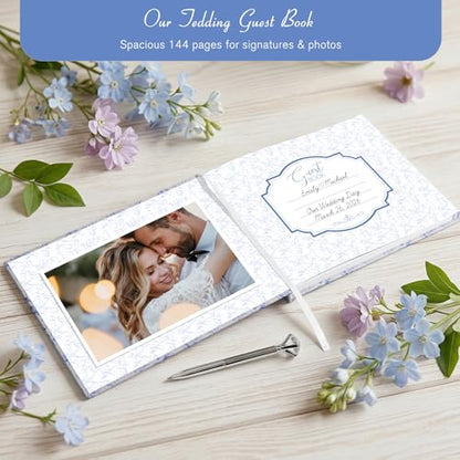 Blue Floral Wedding Guest Book with Pen, Hardcover, 144 Pages, 9x7 inches | Silver Foil Title, Space for Polaroid Photos Messages, Sign In Book for Reception, Bridal Shower Guest Book, Engagement Party - color: Blue