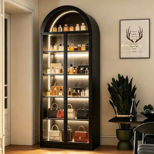 Wildhome Wooden Curio Cabinet with Acrylic Glass Door,77" Tall Arch Display Cabinet & Perfume Organizer with LED Light,Showcase for Collections,Perfume,Vinyl Albums,Bookcase - color: Black