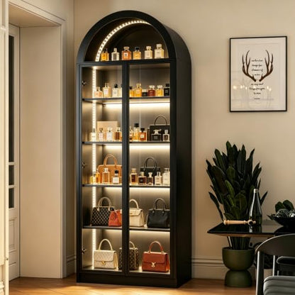Wildhome Wooden Curio Cabinet with Acrylic Glass Door,77" Tall Arch Display Cabinet & Perfume Organizer with LED Light,Showcase for Collections,Perfume,Vinyl Albums,Bookcase - color: Black