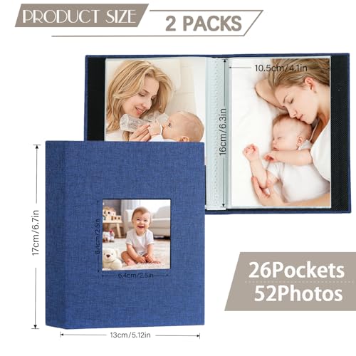 Artmag Mini Photo Album 4x6 50 Pockets 2 Pack, Linen Cover with Front Window Album Each Holds 52 Vertical Photos for Family Wedding Baby Children (Blue) - color: Blue, size: 50 Pockets/2PKS