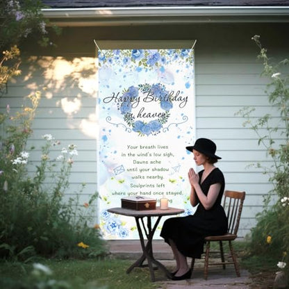 Happy Birthday in Heaven Door Banner Funeral Remembrance Decoration Funeral Memorial Flags for Cemetery Happy Heaven Birthday Door Banner 35.4x70.8 inch (blue)