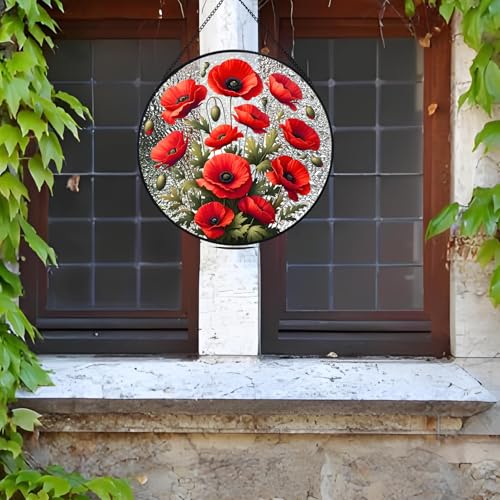 RIVEENY Poppy Hanging Stained Glass for Windows, Hand-Painted Sun Catcher Garden Hangings Christmas Mother's Day Valentine's Day Ornaments Festival Gift - color: Poppy