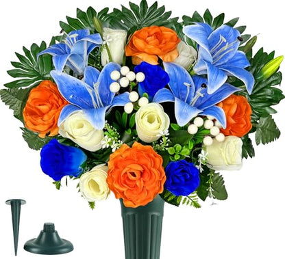 Artificial Cemetery Flowers for Grave Vase - Gravesite Flowers,Headstone Decorations with Blue Lily White Rose Mix Bouquet