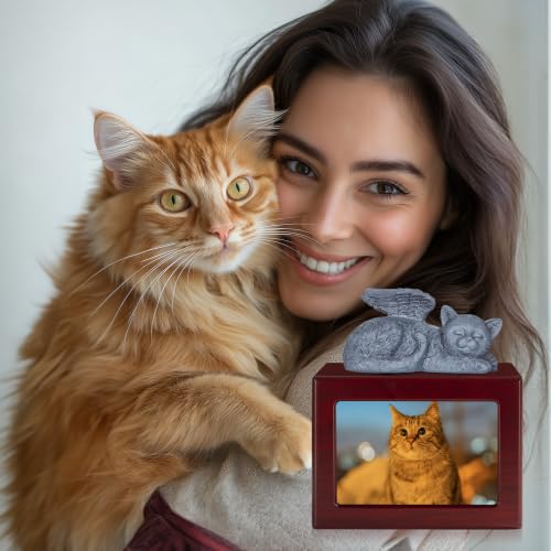 Cat Urn for Ashes, Wooden Keepsake for Ashes with Photo Frame | Cherry Red Cremation Box with Resin Angel Statue and Sealed Storage Bags (60lbs)