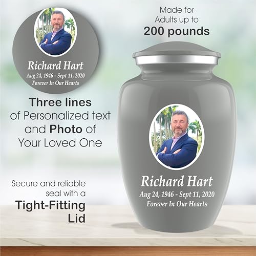 Personalized Photo Cremation Urns for Adult Ashes Male Female - 200lbs Custom Photo Burial Urns for Human Ashes - Engraved Handcrafted Funeral Decorative Urns for Adult with Velvet Bag, Grey