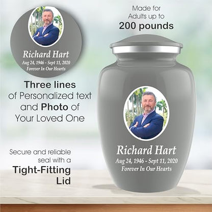 Personalized Photo Cremation Urns for Adult Ashes Male Female - 200lbs Custom Photo Burial Urns for Human Ashes - Engraved Handcrafted Funeral Decorative Urns for Adult with Velvet Bag, Grey
