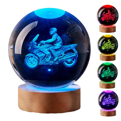 Large Motorcycle Crystal Ball Night Light with Woodern Base, 3D Motorbike Crystal Lamp 16 Color Changing with Remote Control, Laser Engraved Glass Ball Lamp, Room Decor (Motorcycle) - style: motorcycle