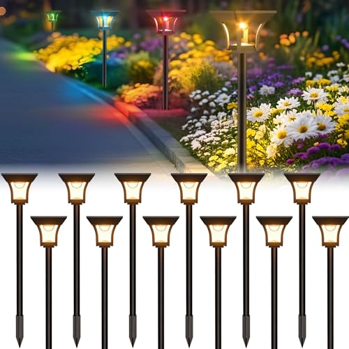 CINOTON RGBCW Solar Pathway Lights Outdoor, 3 Lighting Modes, 12 Pack | IP65 Waterproof, RGB, Warm White And Cool White, Auto On/Off, Solar Powered, Easy Installation for Garden, Walkway & Driveway - size: 12 Pack