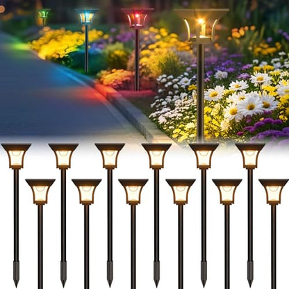 CINOTON RGBCW Solar Pathway Lights Outdoor, 3 Lighting Modes, 12 Pack | IP65 Waterproof, RGB, Warm White And Cool White, Auto On/Off, Solar Powered, Easy Installation for Garden, Walkway & Driveway - size: 12 Pack