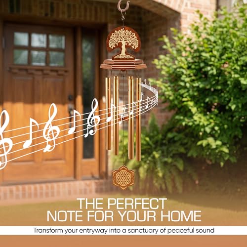 Wind Chimes for Outside Clearance, Gold Hexagon Pendant, Deep Tone 6 Aluminum Tubes & Pine Wood, Sympathy Gift for Loss of a Loved one, Letter from Heaven, Keychain, Acrylic Heart Plaque - color: Gold - Tree of Life