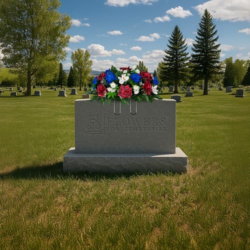 Sympathy Silks - Artificial Flowers for Cemeteries - Red Open Roses, White Orchids, and Blue Dahlias - (1) Headstone Saddle