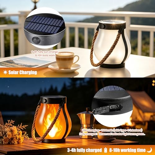 Solar Lanterns Outdoor Waterproof,2 Pack Flickering Flame Hanging Lanterns | 2 Modes Dual Charging Solar & USB for Garden Yard Patio Porch Tree Decor