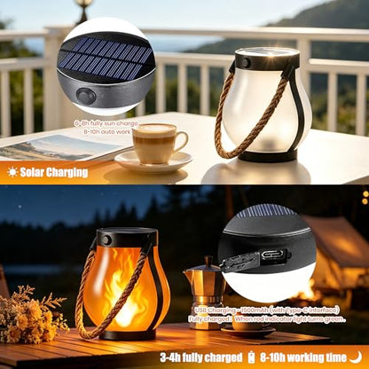 Solar Lanterns Outdoor Waterproof,2 Pack Flickering Flame Hanging Lanterns | 2 Modes Dual Charging Solar & USB for Garden Yard Patio Porch Tree Decor