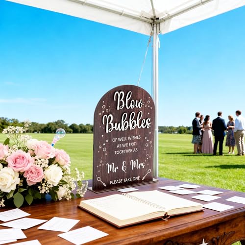 Wood Blow Bubbles Sign Modern Calligraphy for Wedding Ceremony | Modern Calligraphy, Rustic Wooden, Table Top, Wedding Reception and Event Party - color: Brown-Blow Bubbles