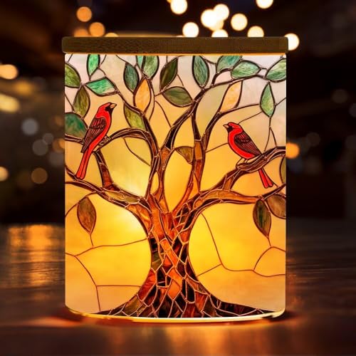 Stained Glass Tree of Life Tealight Candle Holder with Bamboo Lid,Cardinal Bird Glass Jar Candle Holder for Table Decorative,Birds Led Tea Light Holder for Birthday - color: Tree of Life With Bird