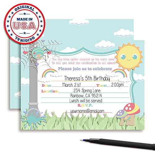 Amanda Creation Itsy Bitsy Spider Themed Birthday Party Fill In Invitations set of 20 with envelopes - style: Itsy Bitsy Spider