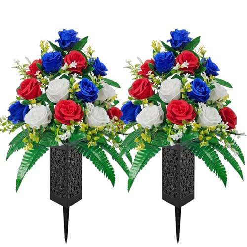 Mirevielyn 2 Pack Artificial Rose Cemetery Flowers with Spiked Vases | Artificial roses, fade-resistant, stain-resistant material, outdoor memorial decor, headstone display, gravesite arrangement - color: Red & White & Royal
