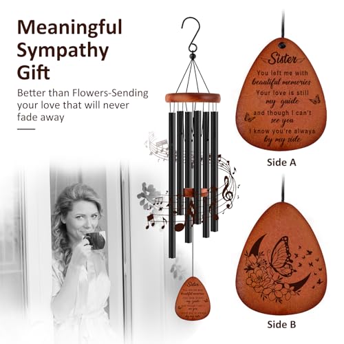Memorial Gifts for Loss of Sister,Memorial Wind Chimes 25'', Loss of Sister Sympathy Gifts, Home Decor Outdoor Garden, Soothing Melodic Tones with Mute Option
