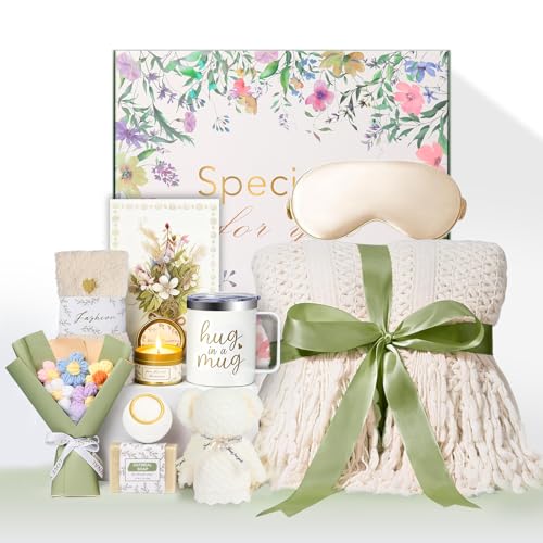 11 PCS Birthday Gifts for Women, Get Well Soon Gifts Baskets for Women Self Care,thank you gift,Spa Care Package After Surgery Thinking of You Sympathy, for Mom Her Wife Sister Friend (blanket) - color: Ivory