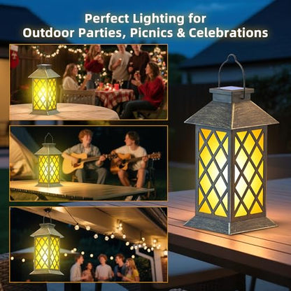 2 Pack 13" Solar Lanterns Outdoor Waterproof Cross Pattern | 2 pack 13-inch waterproof metal glass lanterns with flickering flame for patio, garden, porch, pathway and gifts for mom - style: Bronze-Cross01