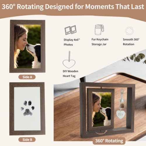 Dog Memorial Gifts for Loss of Dog, Pet Rotating Photo Frame | Wooden Frame for 4x6" Photo Double Sided, with Fur Jar, Pet Paw Print Kit , Keepsake Sympathy Gift for Dog or Cat