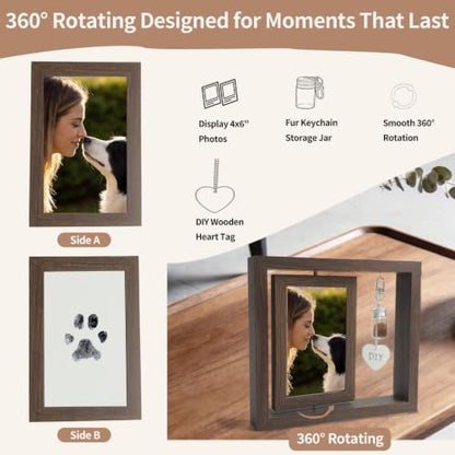 Dog Memorial Gifts for Loss of Dog, Pet Rotating Photo Frame | Wooden Frame for 4x6" Photo Double Sided, with Fur Jar, Pet Paw Print Kit , Keepsake Sympathy Gift for Dog or Cat