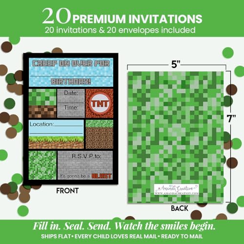 Amanda Creation Pixel Miner Birthday Invitations, 20 Pack 5x7 Fill-In Video Game Birthday Invitations for Boys with White Envelopes, Made in USA - color: Creepy Pixel Miner