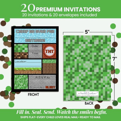 Amanda Creation Pixel Miner Birthday Invitations, 20 Pack 5x7 Fill-In Video Game Birthday Invitations for Boys with White Envelopes, Made in USA - color: Creepy Pixel Miner