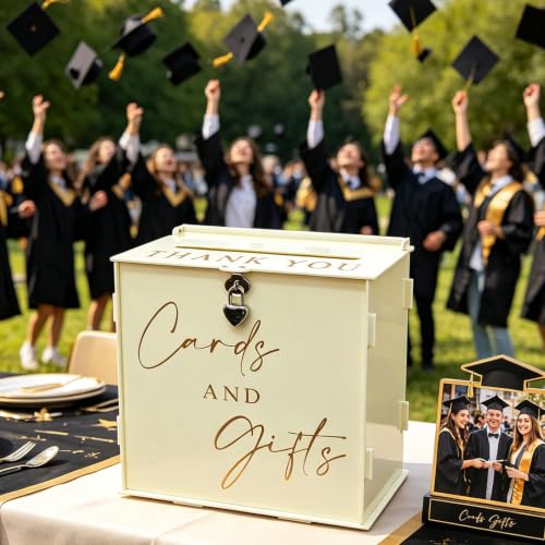 Acrylic Card Box with Lock & Slot, Warmy Cream Money Gift Card Box for Wedding Reception, Cash Envelope Box Ideal for Graduation Bridal Baby Shower Quinceanera & Baptism Party Supplies - color: Cream White