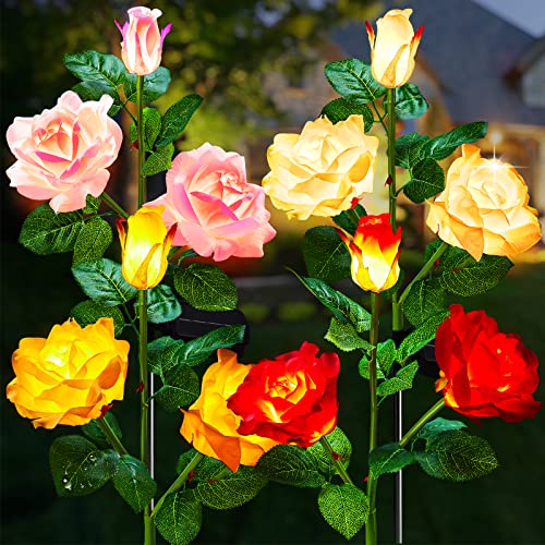 Brightown Solar Garden Lights, 4 Pack LED Rose Flower Lights Waterproof - color: Rose