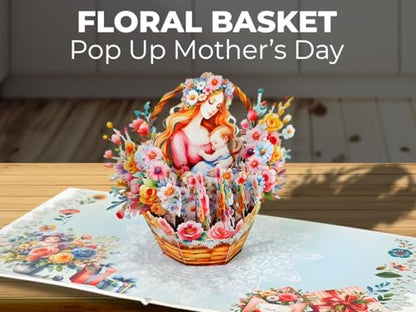 iGifts And Cards Mother & Baby Floral Basket 3D Pop-Up Card 6" x 6" | Eternal Nurture, Watercolor Art, First Mother's Day, Baby Shower, Congratulations, Grandmother, New Parent, Keepsake Memento - color: Mother and Baby