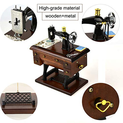 Sewing Machine Music Box Gift, Wooden Vintage Musical Box Christmas Anniversary Birthday Gifts for Mom Wife Grandma Friend Wind Up Mechanical Melody Fur Elise