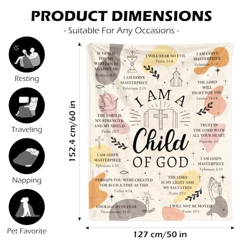 Christian Gifts for Women - I Am a Child of God Blanket 60"x50", Inspirational Religious Birthday Gifts for Women Mom Sister Friends, Christmas Baptism Catholic Spiritual Jesus Faith Bible Prayer - color: Christian1