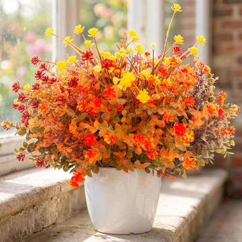 Hananona 12 Pcs Artificial Fall Flowers Outdoor, Faux Artificial Plants UV Resistant Plastic Autumn Flower for Hanging Planter Front Door Porch Window Home Decor (12, Orange) - color: Orange