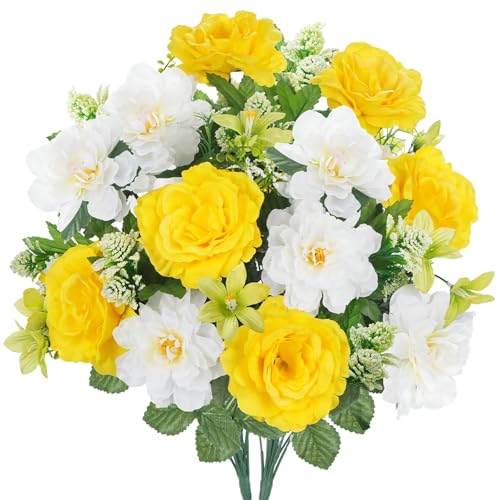 Cemetery Flowers for Grave 2pcs Artificial Yellow Rose for Outdoors - color: Yellow White-2pcs