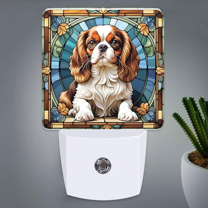 Cavalier King Charles Spaniel Stained Glass Night Lights Plug into Wall for Room, Cavalier King Charles Spaniel Night Light LED for Bedroom - color: Cavalier King Charles Spaniel