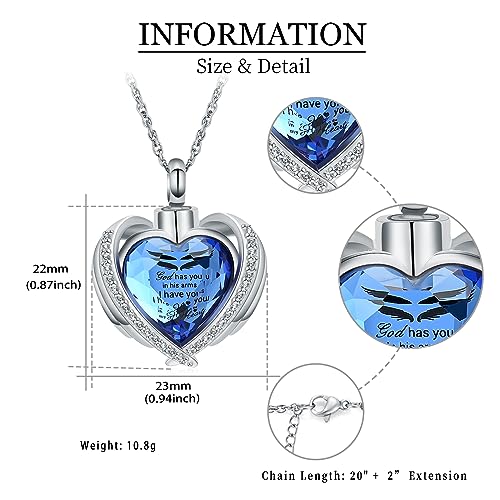 shajwo Angel Wing Heart Urn Ashes Necklace for Women Men | Cremation Jewelry,Birthstone Necklace of Loved One,Memorial Pendant for Human Pet - color: Silver-Blue